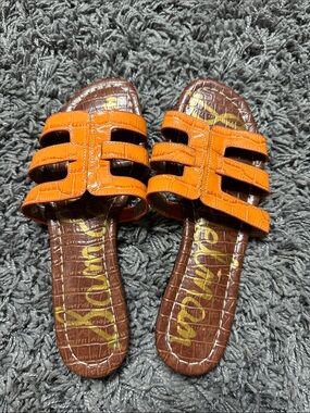 Sam Edelman Orange Croc-Embossed Slide Sandals with Brown Footbed